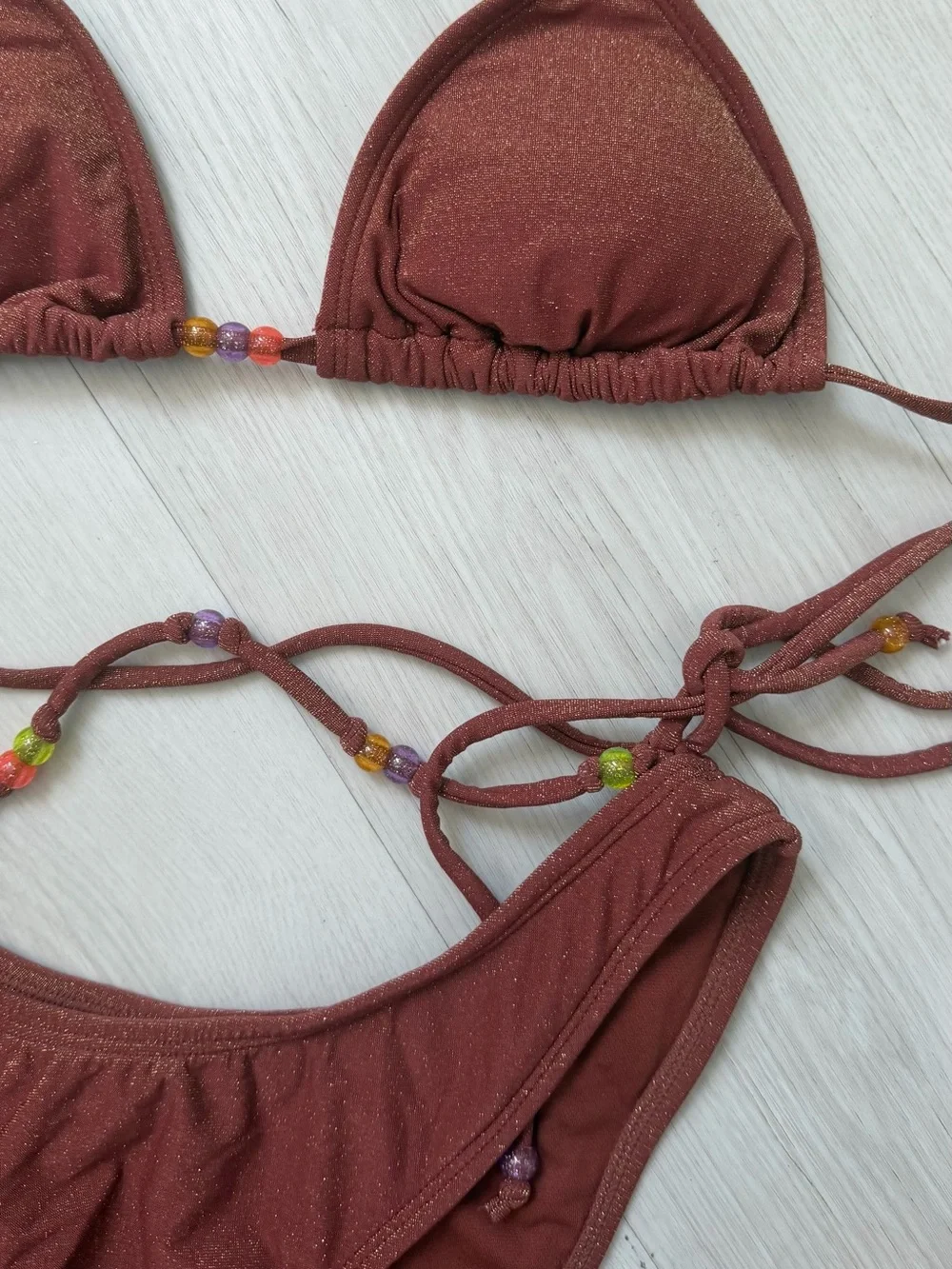 Wild Fable Brown Shimmer Beaded Triangle Bikini Set | XS/S